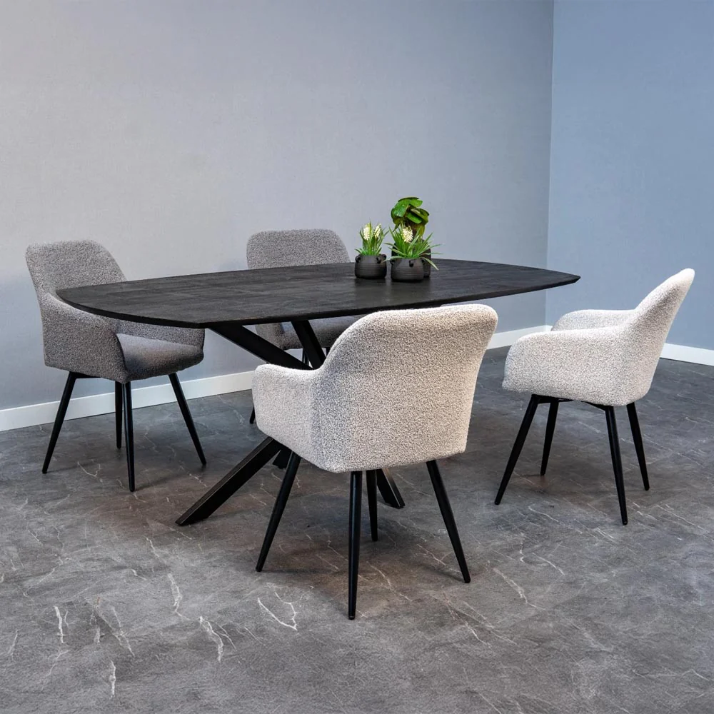 Eetkamerstoel Horsens Donkergrijs Bouclé met zwart onderstel - Image 6